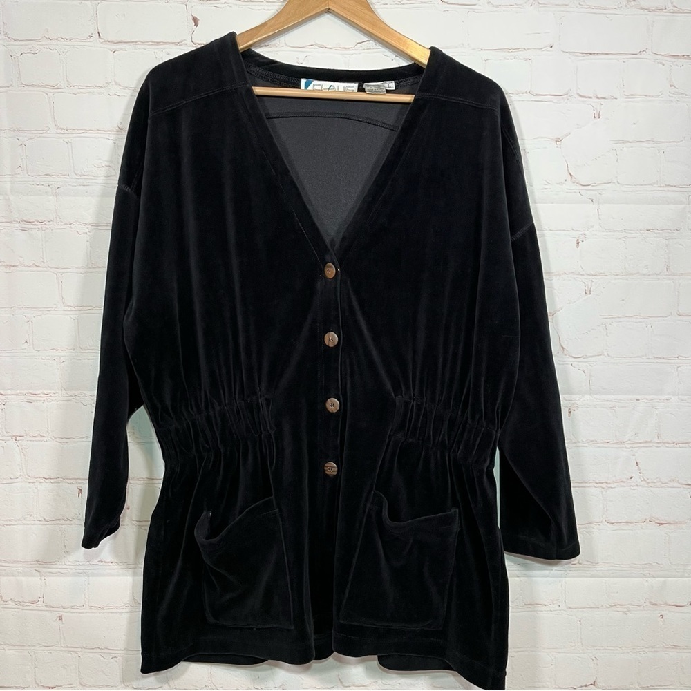 Vintage Chaus Top Women's Large Black Tunic Velvet Button Up Pockets V Neck